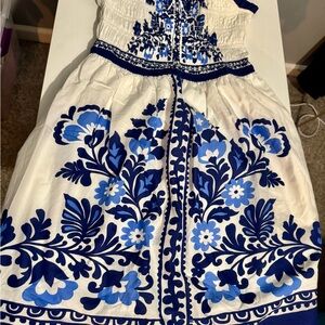 Francesca's Collections White Mini Dress with Blue Floral Embroidery